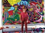 Eisma at her studio in the Hague, with an art work titled hold heart jumping (2024). (Katherina Heil)