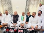 Haryana Congress state chief Rao Narender Singh and ex-CM Bhupinder Singh Hooda addressing media in Naraingarh. (Sourced)