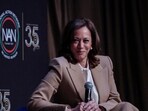Former U.S. Vice President Kamala Harris reacts during the National Action Network (NAN) National Convention