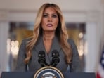 First lady Melania Trump speaks to reporters Thursday, April 9, 2026, in the Grand Foyer of the White House
