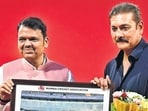 Mumbai, India - April 9, 2026: Former Indian Cricketer Ravi Shastri along with his family members and Maharashtra CM Devendra Fadnavis during the Gate and Stand Naming Ceremony at Wankhede Stadium in Mumbai, India, on Thursday, April 9, 2026. (Photo by Anshuman Poyrekar/Hindustan Times) (Anshuman Poyrekar/HT Photo)