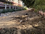 Open waste lying on the road behind the CGST office in Vibhuti Khand area of Lucknow. (HT Photo)