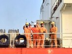 Crew aboard Green Asha, an India-flagged LPG vessel that has crossed the Strait of Hormuz, moored in Maharashtra on April 9. (PTI Photo)