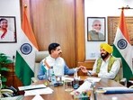 Punjab Chief Minister Bhagwant Mann meets Union Minister of Consumer Affairs, Food and Public Distribution Pralhad Joshi at the Union Minister's office, in New Delhi on Friday. (ANI)