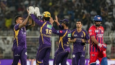 Sunil Narine was almost unplayable. He gave away just 13 runs in his four overs and also took a wicket, that of Mohammad Shami. (PTI) Sunil Narine was almost unplayable. He gave away just 13 runs in his four overs and also took a wicket, that of Mohammad Shami. (PTI)