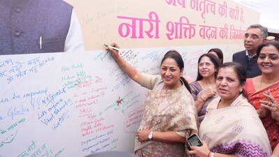 Delhi chief minister Rekha Gupta during a signature campaign at Delhi University’s Arts Faculty on Friday. Delhi chief minister Rekha Gupta during a signature campaign at Delhi University’s Arts Faculty on Friday.