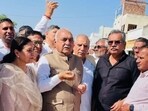 Leader of Opposition Bhupinder Singh Hooda in Karnal’s new grain market on Friday.