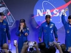 The Artemis II crew, from left, Jeremy Hansen, Christina Koch, Victor Glover and Reid Wiseman at Ellington Airforce Base in Houston. (AP Photo/Michael Wyke)