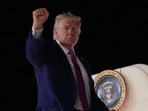 US President Donald Trump boards Air Force One at Charlottesville-Albemarle Airport, in Charlottesville, Virginia.