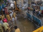 iMumbai, India - April 10, 2026: Road caves in after a pipeline burst at Lucky Hotel Junction on SV Road in Bandra, disrupting traffic and raising safety concerns in the busy stretch in Mumbai, India, on Friday, April 10, 2026. (Photo by Satish Bate/ Hindustan Times) (Hindustan Times)