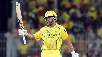 Ayush Mhatre (59) played a fluent supporting hand, stitching a vital stand before retiring out to make way. (ANI Pic Service) Ayush Mhatre (59) played a fluent supporting hand, stitching a vital stand before retiring out to make way. (ANI Pic Service)