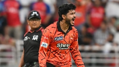Shivang Kumar has been the find for SRH with ball thus far in the tournament, and it was the case again – he was the man responsible for removing both openers plus Cooper Connolly, taking 3/33. But the damage was done. (AP) Shivang Kumar has been the find for SRH with ball thus far in the tournament, and it was the case again – he was the man responsible for removing both openers plus Cooper Connolly, taking 3/33. But the damage was done. (AP)