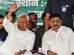 Nitish Kumar, along with JDU MP Sanjay Jha, at a public meeting for the Bihar assembly elections, in Patna.