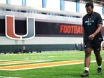 Rueben Bain Jr. #4 of the Miami Hurricanes participates in the 2026 Miami Pro Day at Carol Soffer Indoor Practice Facility in Coral Gables, Florida.