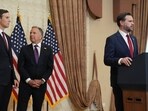 Vice President JD Vance, right, speaks during a news conference after meeting with representatives from Pakistan and Iran as Jared Kushner, left, and Steve Witkoff, Special Envoy for Peace Missions listen, on Sunday,