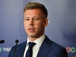 Peter Magyar, leader of the pro-European conservative TISZA party, makes a statement in Budapest during the general election
