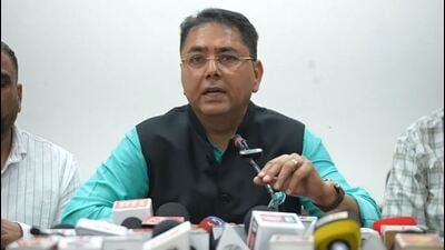 Punjab minister for new and renewable energy Aman Arora addressing a press conference in Jalandhar on Sunday. (X)
