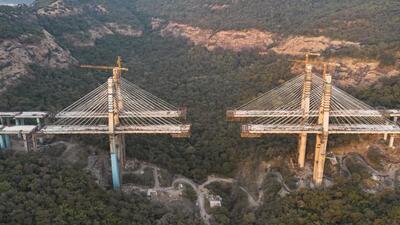 The two cable-stayed bridges were connected in mid-March, officials said The two cable-stayed bridges were connected in mid-March, officials said