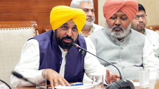 Punjab Chief Minister Bhagwant Mann speaks during the meeting with the saint community and eminent scholars regarding the preparations for the upcoming 650th Prakash Purab of Bhagat Shri Guru Ravidas Ji, in Chandigarh on Saturday. (@BhagwantMann X/ANI Photo)