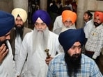 Akal Takht former jathedar Giani Raghbir Singh (centre) arriving to attend the special session of the Punjab Vidhan Sabha in Chandigarh on Monday. (Ravi Kumar/HT)
