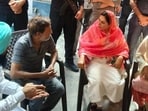 Amrita Warring, wife PPCC chief Amarinder Singh Raja Warring, along with others , meeting family members of a murder victim in Ludhiana on Sunday. (HT Photo)