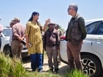 Sanjay Kumar Pathak, additional managing director, UP Forest Corporation in Semariya village of Bhira range of Dudhwa Buffer Zone on Monday. (HT Photo)