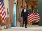 U.S. Vice President JD Vance arrives for news conference after meeting with representatives from Pakistan and Iran, Sunday.