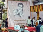 A remembrance board for the late legendary playback singer Asha Bhosle, ahead of funera in Mumbai on Monday. 