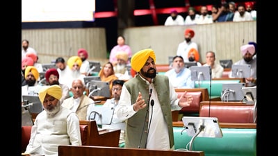 Chief minister Bhagwant Mann addresses the Punjab Vidhan Sabha special session in Chandigarh on Monday. (Ravi Kumar/HT) Chief minister Bhagwant Mann addresses the Punjab Vidhan Sabha special session in Chandigarh on Monday. (Ravi Kumar/HT)