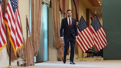 U.S. Vice President JD Vance arrives for news conference after meeting with representatives from Pakistan and Iran, Sunday. (REUTERS) U.S. Vice President JD Vance arrives for news conference after meeting with representatives from Pakistan and Iran, Sunday. (REUTERS)