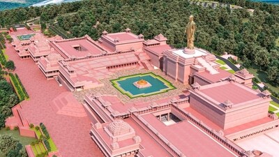 Preparations underway at Ekatma Dham in Omkareshwar ahead of the five-day Adi Shankaracharya festival beginning April 17. Preparations underway at Ekatma Dham in Omkareshwar ahead of the five-day Adi Shankaracharya festival beginning April 17.