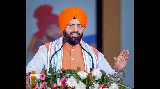 Haryana Chief Minister Nayab Singh Saini addresses a gathering during the inauguration of Baisakhi Festival 2026, in Kurukshetra. (PTI)