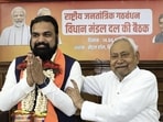 Nitish Kumar with Samrat Choudhary after the latter was picked to be the next Bihar CM during NDA legislators' meeting at the Vidhan Sabha in Patna on Tuesday, April 14, 2026. 