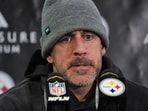 Pittsburgh Steelers quarterback Aaron Rodgers speaks at a press conference. Pittsburgh Steelers quarterback Aaron Rodgers speaks at a press conference.