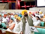 Chief minister Bhagwant Mann addresses the Punjab Vidhan Sabha special session on Monday. (Ravi Kumar/HT)