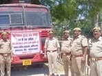 Fire department officials and personnel during launch of “Fire Service Safety Week” in Prayagraj on Tuesday. (HT PHOTO)
