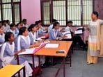 Government school students attending a class in Ludhiana. (HT Photo)