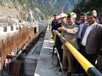 Himachal Pradesh CM Sukhvinder Singh Sukhu during his visit to the Shongtong–Karcham hydro project, in Kinnaur, on Tuesday. (HT Photo)