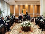 Pakistan's Prime Minister Shehbaz Sharif meets with Iranian Parliament Speaker Mohammad Bagher Ghalibaf, as delegations from the United States and Iran held peace talks, in Islamabad earlier this weekend.