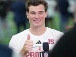 Indiana quarterback Fernando Mendoza gives a thumbs up after an interview with NFL Network at the school's NFL football pro day.