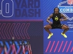 Ohio State linebacker Arvell Reese (20) gets ready to run the 40-yard dash at the NFL football scouting combine in Indianapolis.