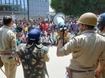 Security personnel in Noida on Monday. (Sunil Ghosh/HT) Security personnel in Noida on Monday. (Sunil Ghosh/HT)