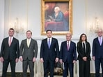 US State Department Counselor Michael Needham, US Ambassador to the UN Mike Waltz, US Secretary of State Marco Rubio, US Ambassador to Lebanon Michel Issa, Lebanon's Ambassador to the US Nada Hamadeh Moawad, and Israeli Ambassador to the US Yechiel Leiter stand together before meeting at the State Department in Washington, DC, on April 14, 2026.