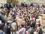 The victim’s family protesting in Ramban on Monday. (HT Photo)