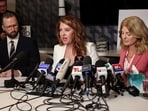 Lonna Drewes, a woman with sexual misconduct allegations against U.S. Rep. Eric Swalwell, holds a press conference with her attorneys Lisa Bloom and Arick Fudali, in Beverly Hills, California, U.S. April 14, 2026.  REUTERS/Jill Connelly
