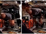 Artemis II astronaut Victor Glover works out in the Orion spacecraft. 