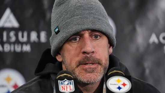 Pittsburgh Steelers quarterback Aaron Rodgers speaks at a press conference. (AP)