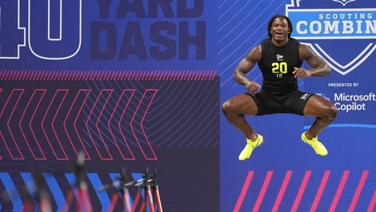 Ohio State linebacker Arvell Reese (20) gets ready to run the 40-yard dash at the NFL football scouting combine in Indianapolis. (AP)