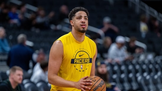 Indiana Pacers guard Tyrese Haliburton (0) shoots around on the court before an NBA basketball game against the Minnesota Timberwolves in Indianapolis. (AP)
