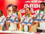 Chennai, Apr 14 (ANI): Union Minister JP Nadda, BJP Tamil Nadu President, Nainar Nagendran, and BJP leader K. Annamalai release the election manifesto for the Tamil Nadu assembly polls, in Chennai on Tuesday. (ANI Photo)